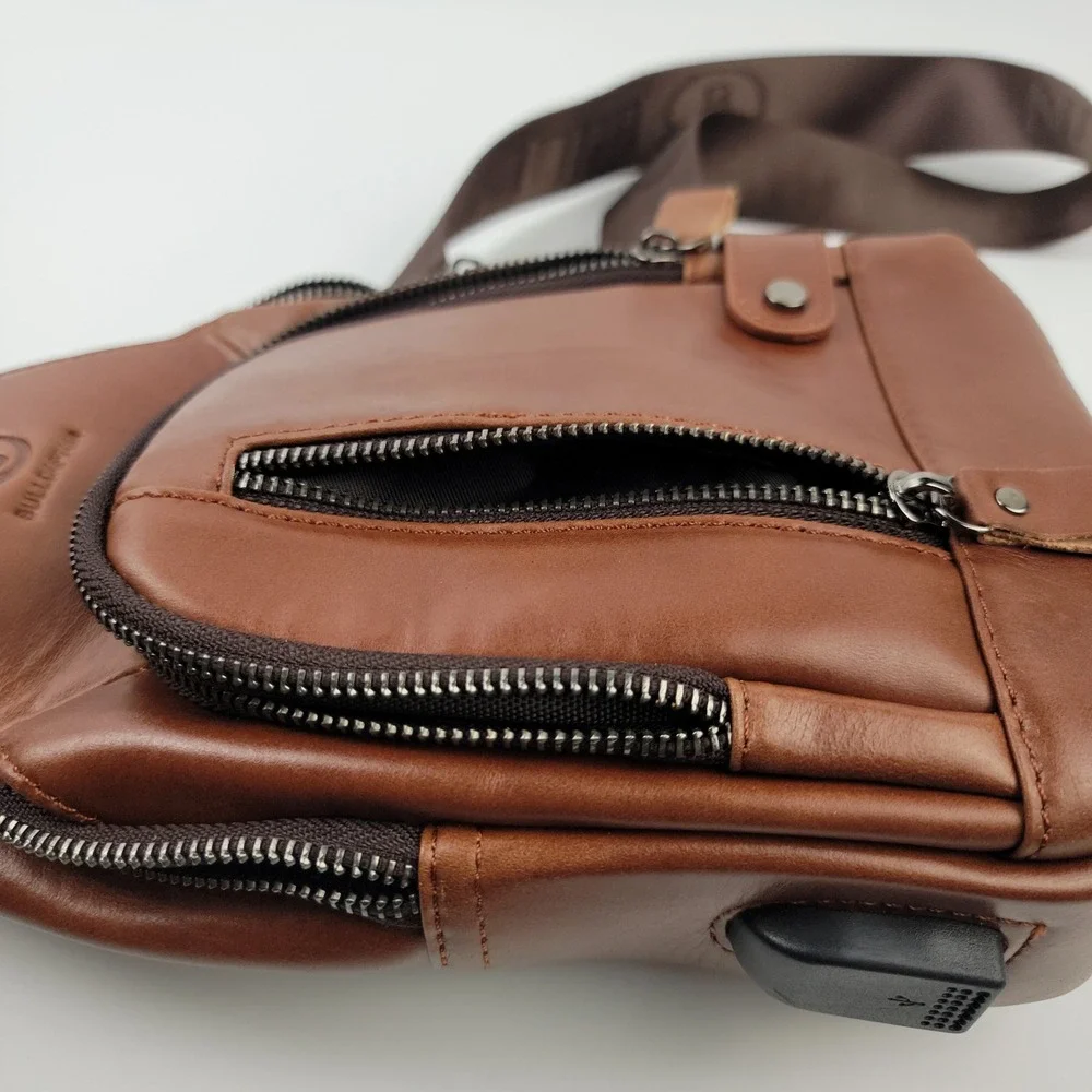 Bullcaptain Mens Brown Leather Sling Bag Crossbody Backpack with USB Port